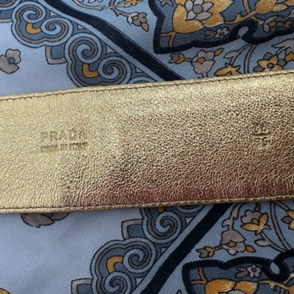 Prada Metallic Gold Leather Wide Statement Belt 36/85 Oval Buckle Made in Italy